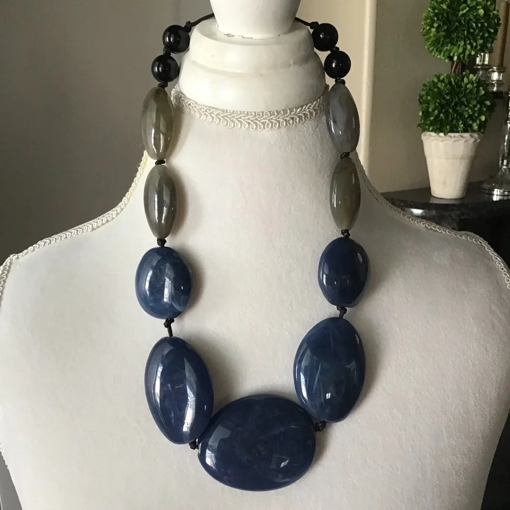 Blue River Stone Look Statement Necklace Blue Gray Flat Beads Black Cord NEW - Picture 3 of 9